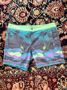 Mr Turk Tropical Graphic Swim Shorts in Teal, Lime & Purple cheetahs and storks